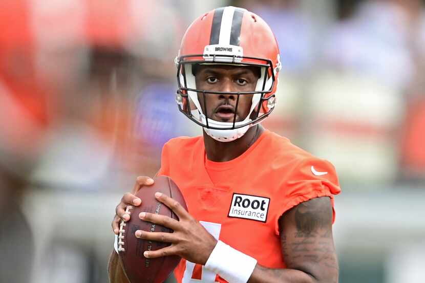 Cleveland Browns quarterback Deshaun Watson throws a pass during training camp practice in...