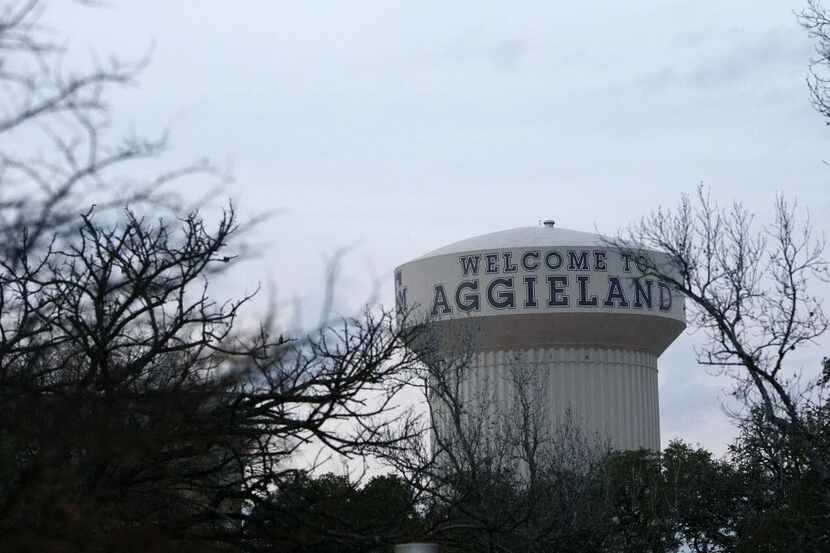 A water tower on the campus of Texas A&M in College Station reads "Welcome to Aggieland" on...