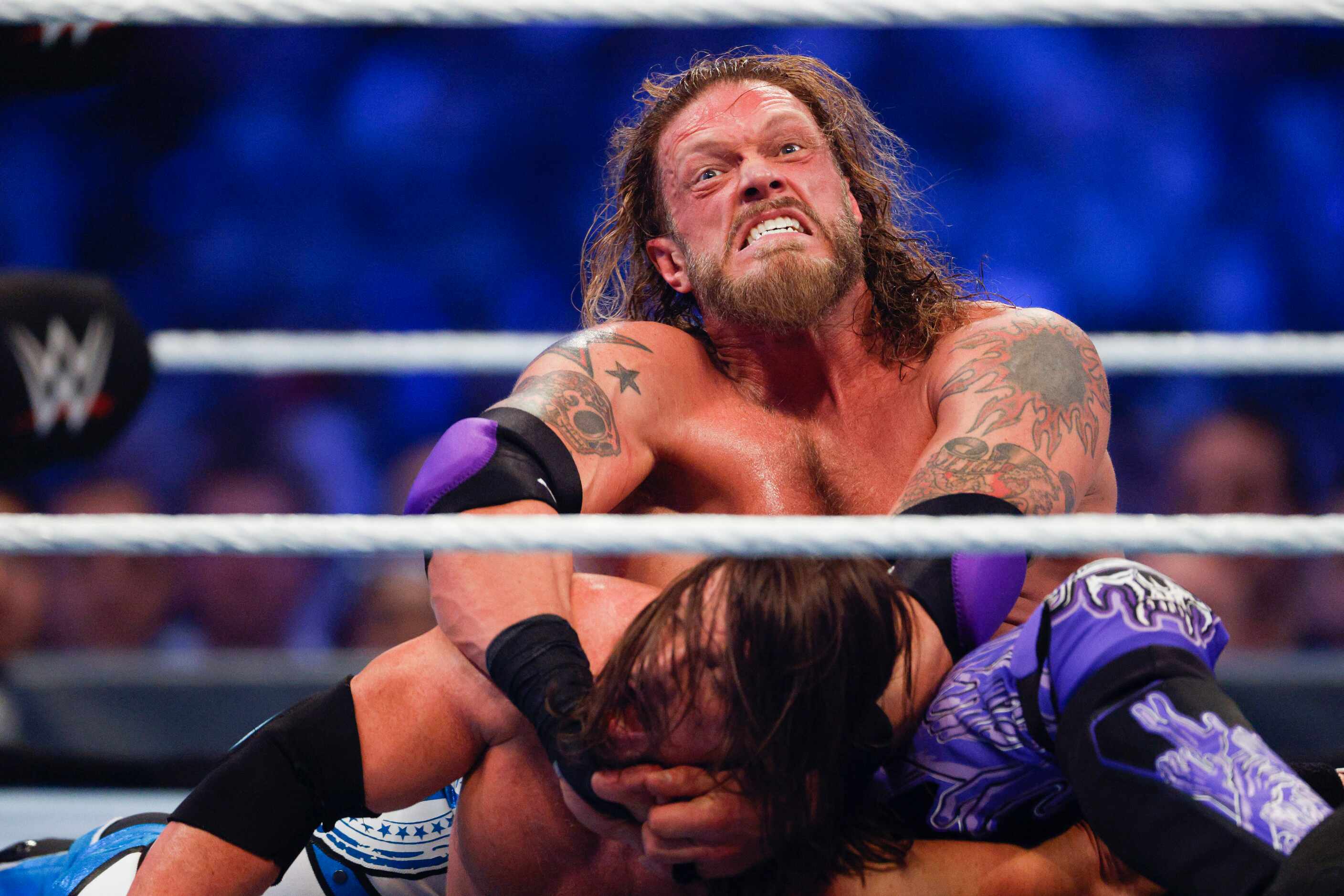 Edge wrestles AJ Styles during a match at WrestleMania Sunday at AT&T Stadium in Arlington,...