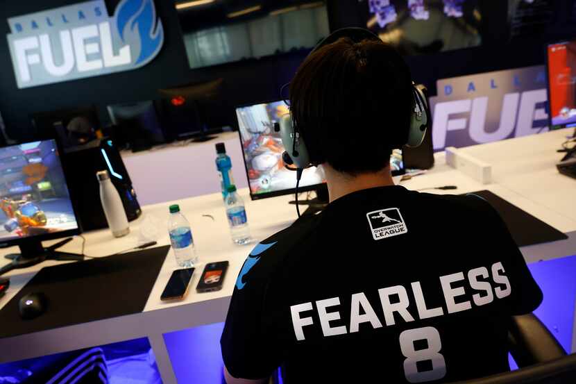 Dallas Fuel Overwatch League player Lee ‘Fearless’ Eui-Seok practices with his teammates...