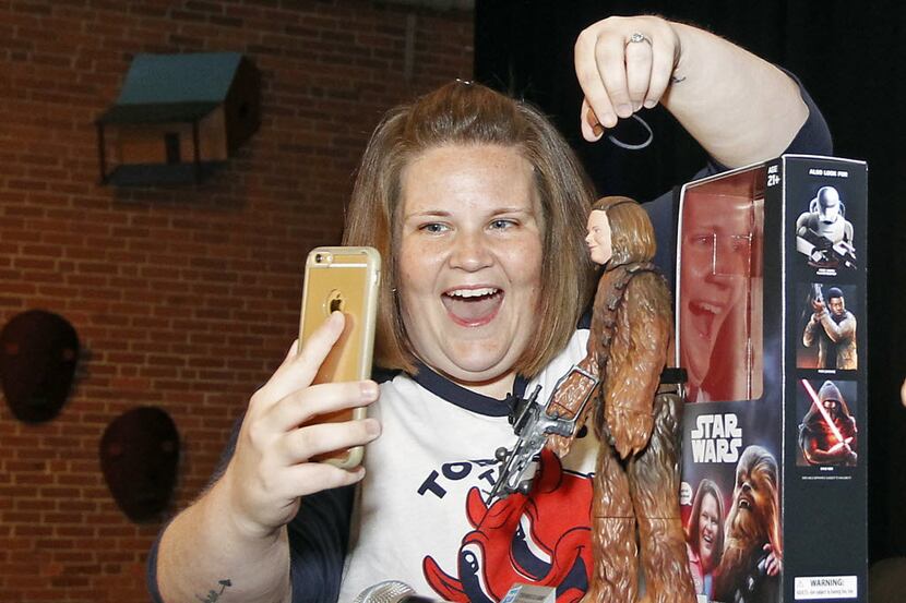 Candace Payne, also known as Chewbacca Mom, streams a Facebook Live video with her custom...