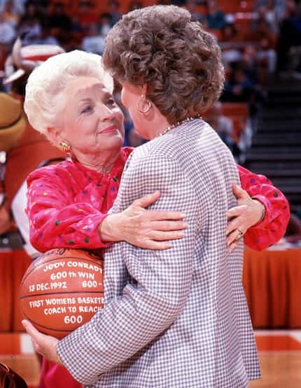 Gov. Ann Richards presented Coach Jody Conradt with the "600th win" ball in 1992. Conradt...
