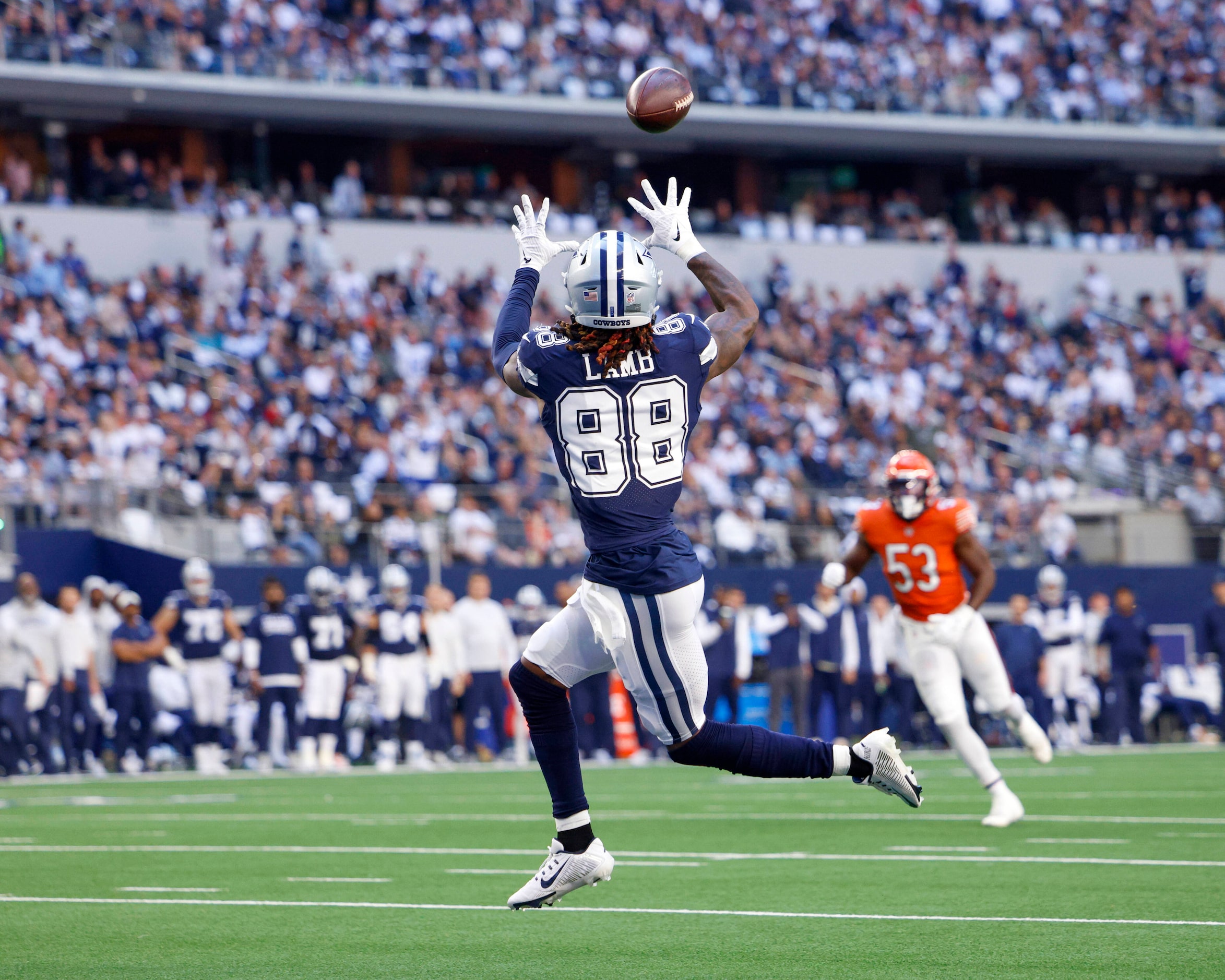 Dallas Cowboys wide receiver CeeDee Lamb (88) catches a 21 yard pass from quarterback Dak...