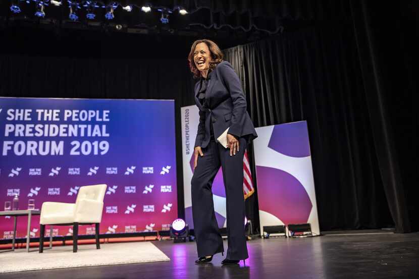 Democratic presidential candidate Sen. Kamala Harris greets the crowd at the She The People...