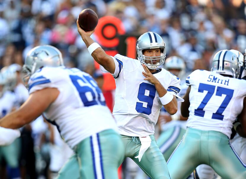 SAN DIEGO, CA - AUGUST 18: Quarterback Tony Romo #9 of the Dallas Cowboys throws a pass...