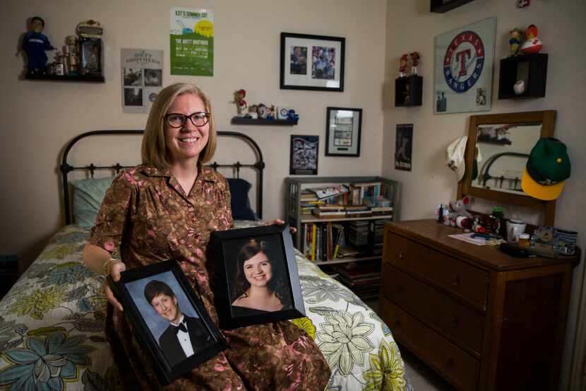 Robin LaBounty holds photos of her son, Gabe LaBounty, 20, who is a student at the...