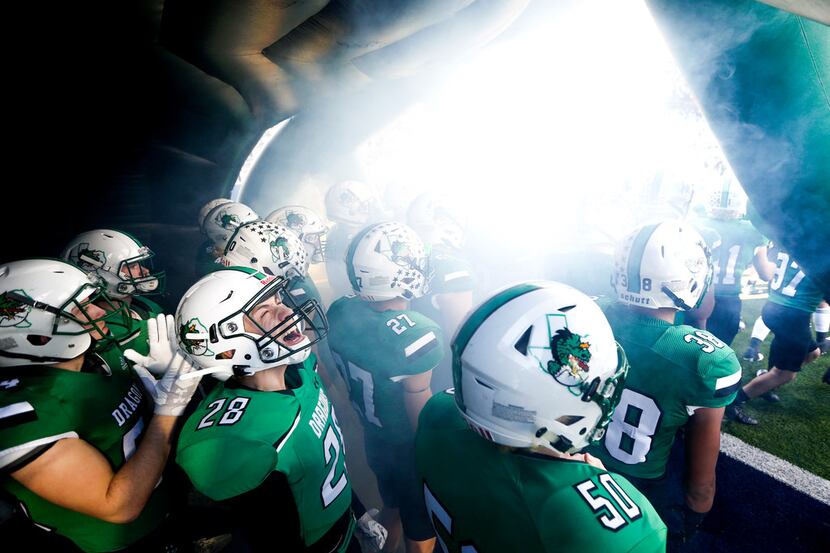 Southlake linebacker Grant Deno gets fired up prior to a Class 6A Division I Region I high...