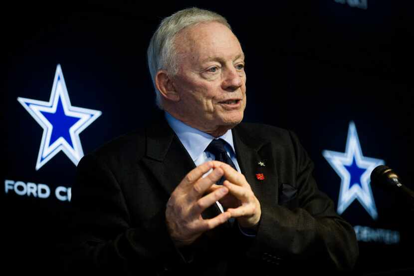Dallas Cowboys owner and general manager Jerry Jones speaks to members of the media after a...