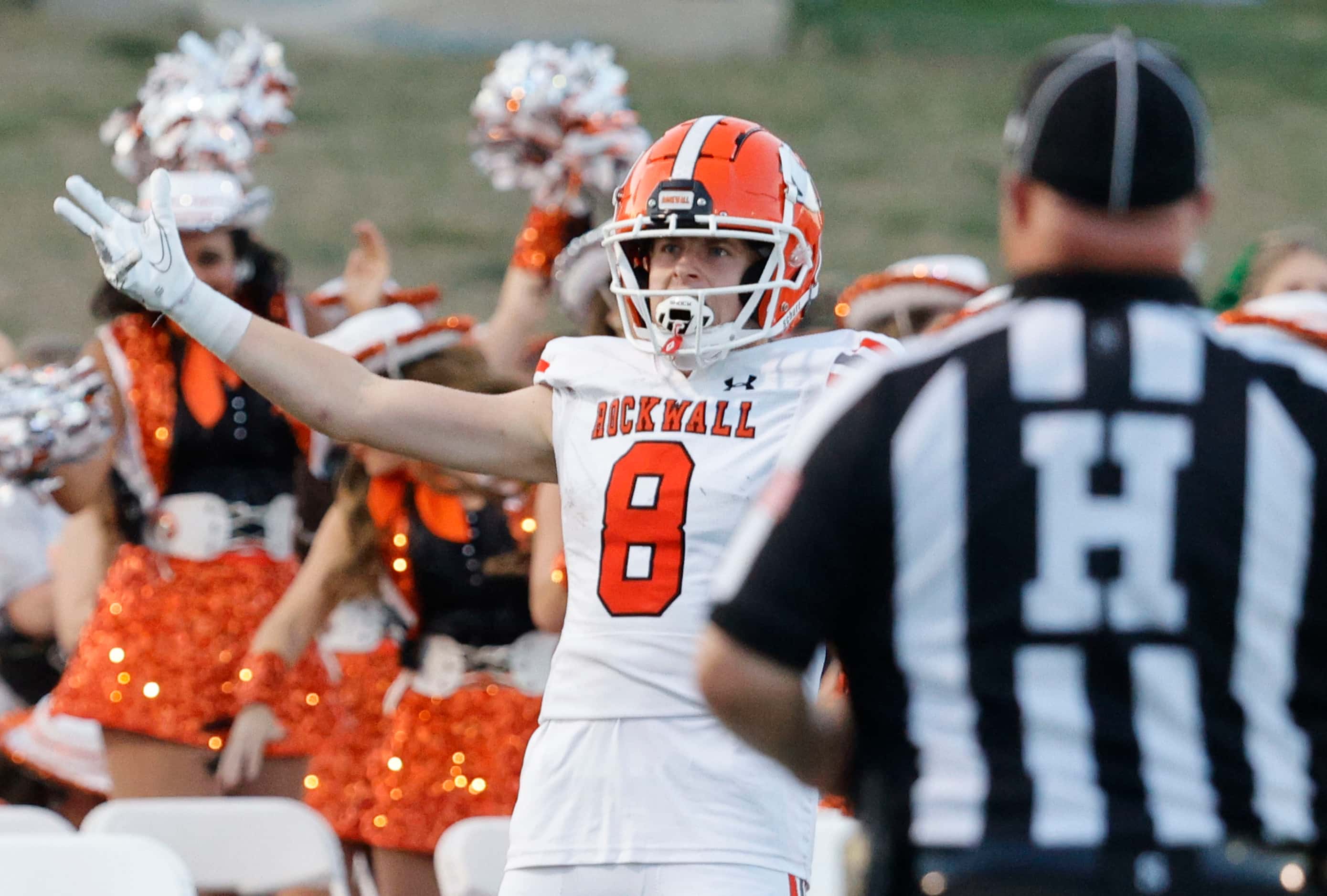 Rockwall's Tristan Gooch (8) celebrates his touchdown against Rockwall-Heath during the...