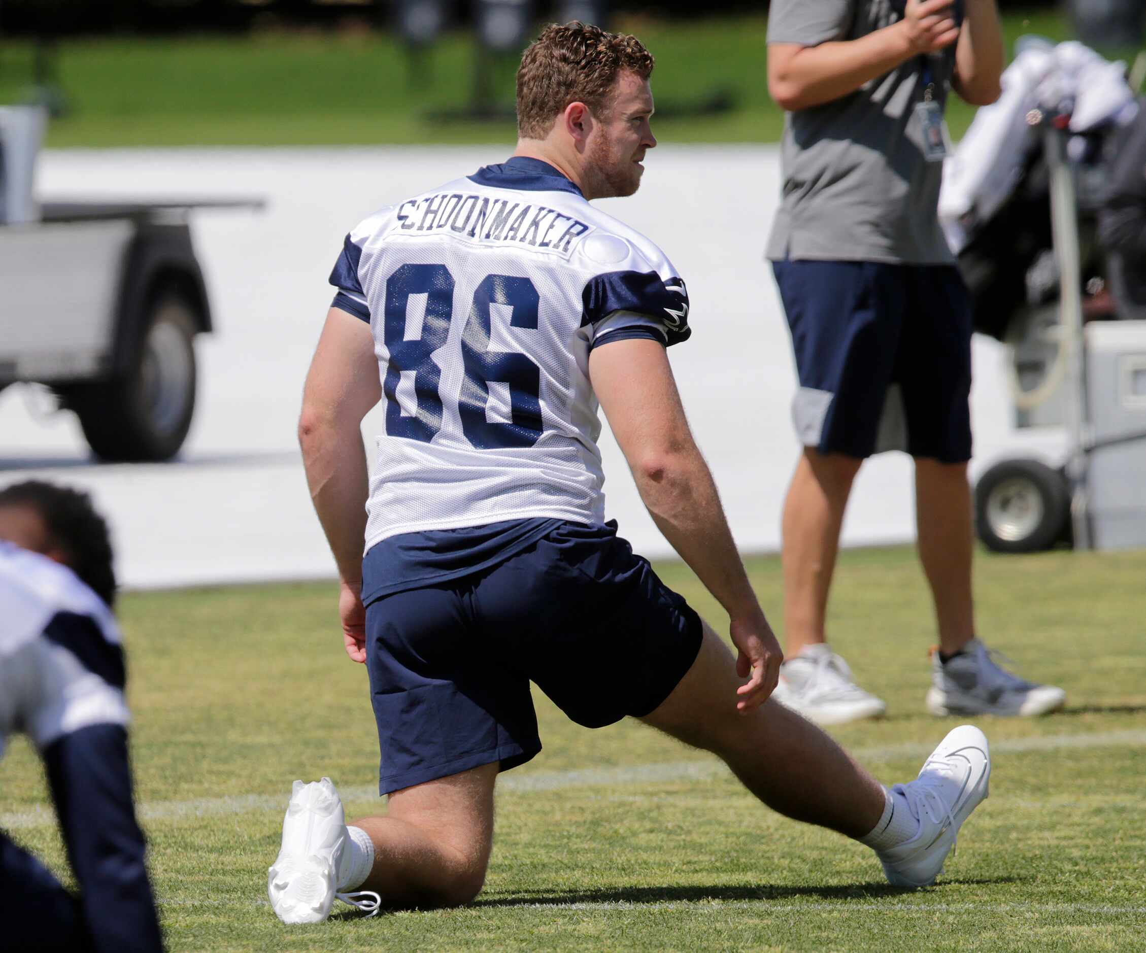 Cowboys rookie tight end Luke Schoonmaker (86) stetches out as the Dallas Cowboys hold...