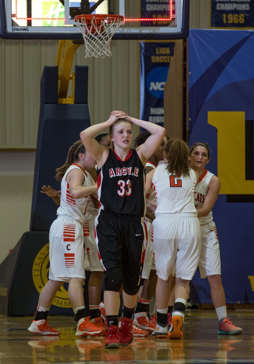 COMMERCE, TX - FEBRUARY 22: Jesse Sheridan (33) of the Argyle Lady Eagles holds her hands...