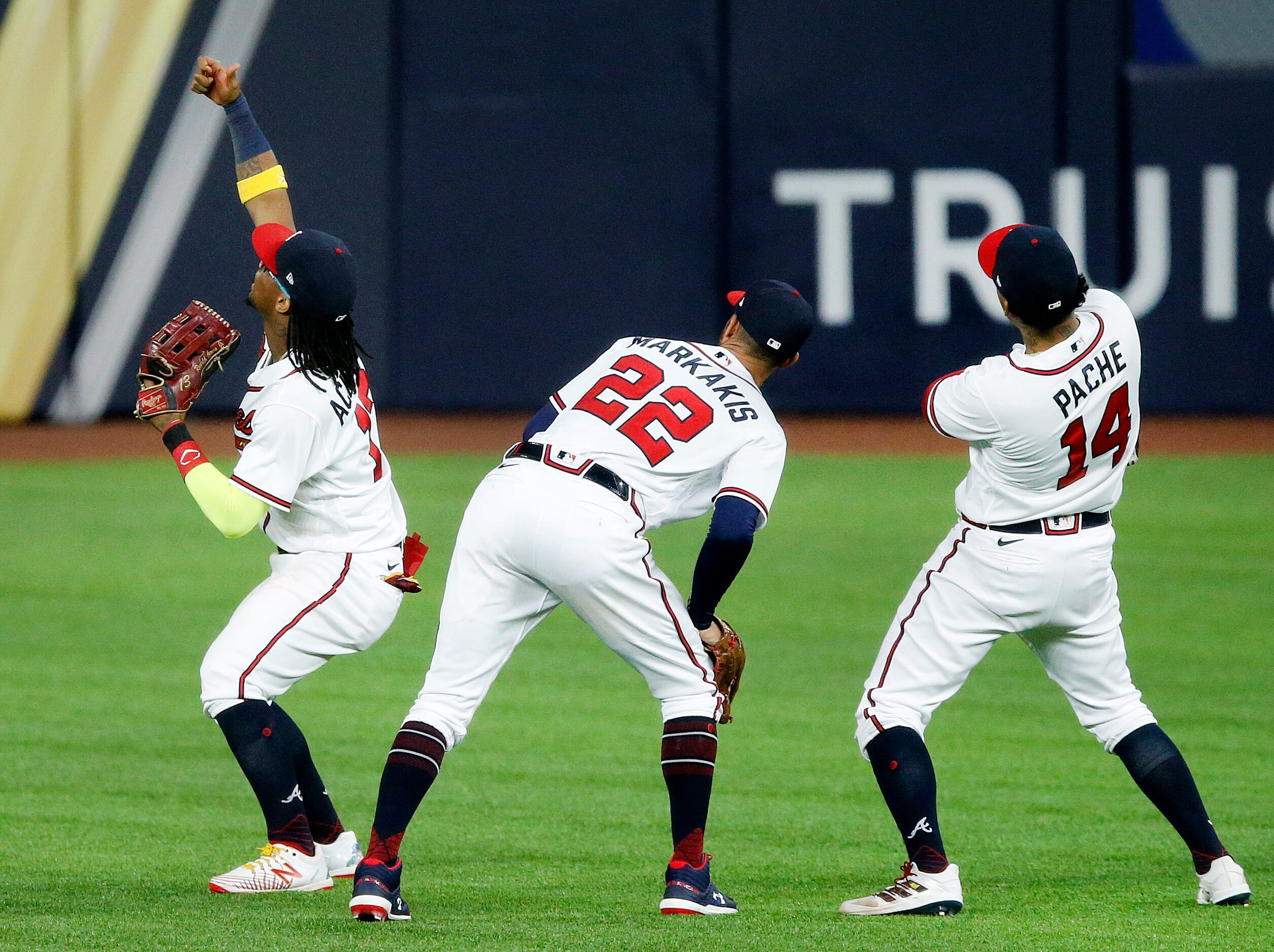 Atlanta Braves outfielders Ronald Acuna Jr. (13) takes a 'selfie' with Nick Markakis (22)...