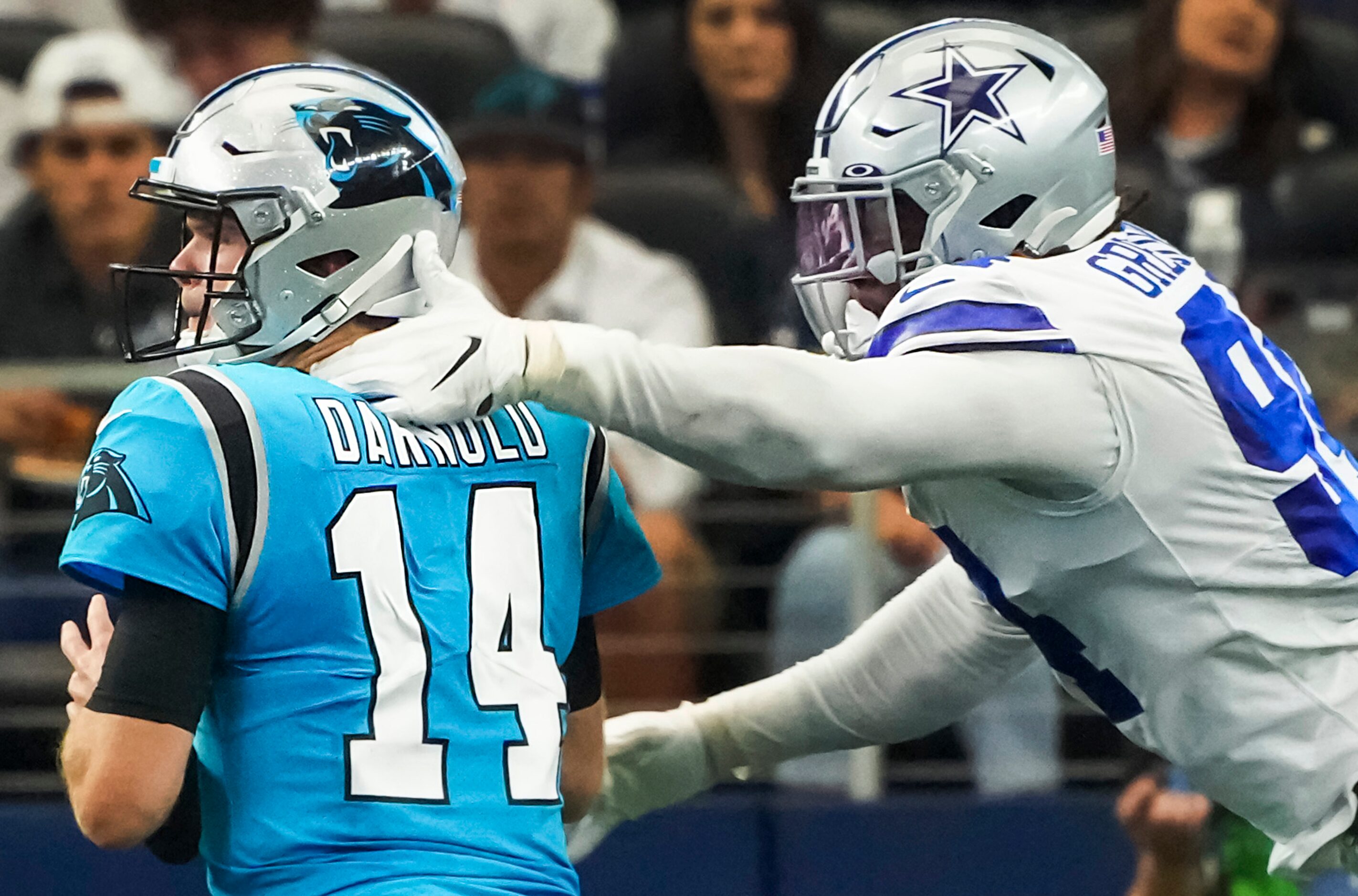 Dallas Cowboys defensive end Randy Gregory (94) sacks Carolina Panthers quarterback Sam...