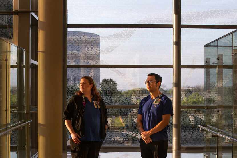 Registered nurses Megan Bennett and Otto Madrigal at Parkland Memorial Hospital in Dallas....