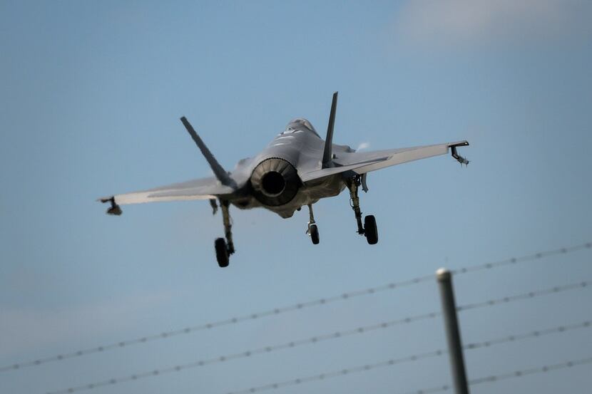 A Lockheed Martin F-35 Lightning II fighter jet is landing at the Payerne Air Base during...