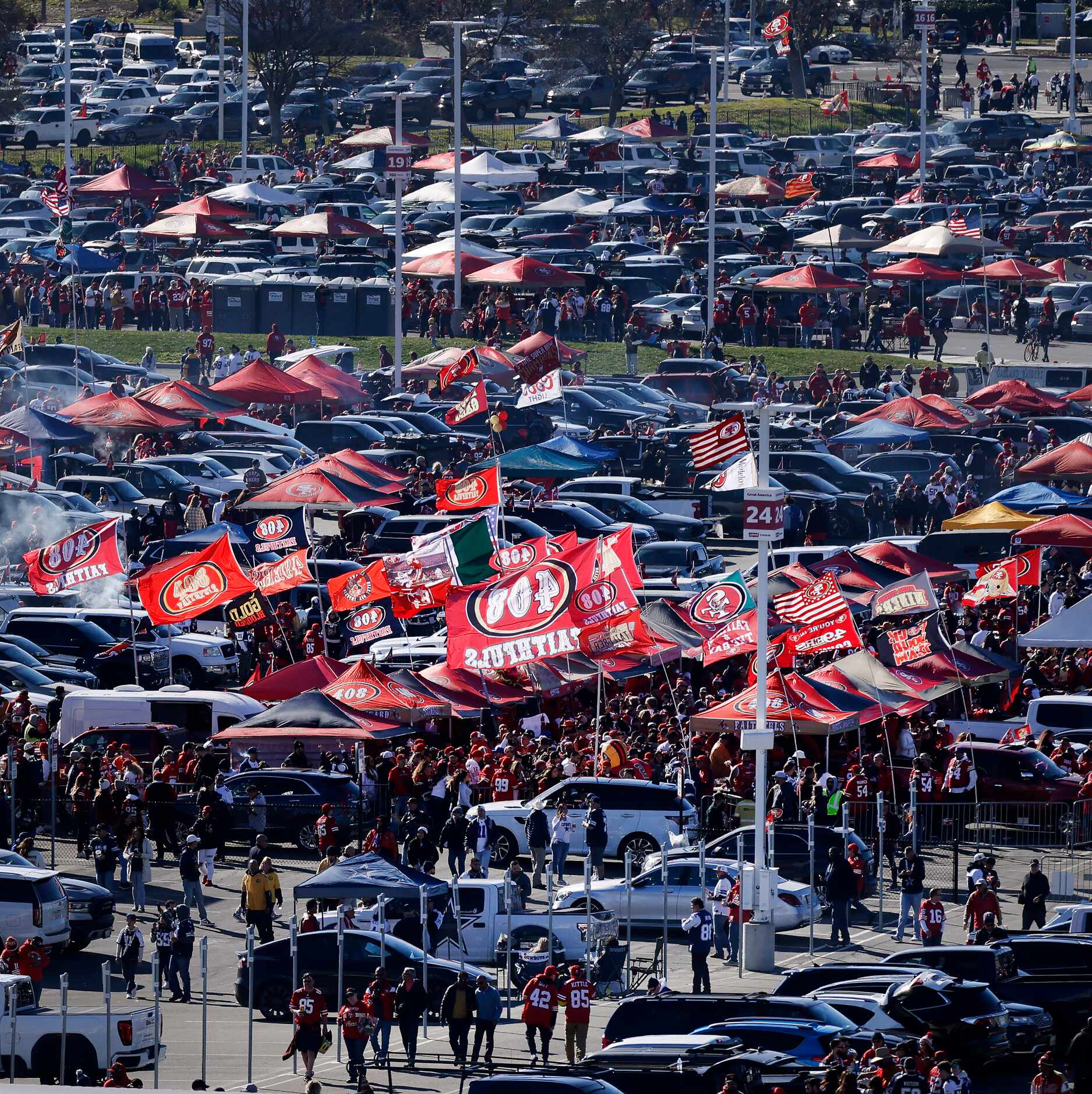 San Francisco 49ers fans tailgate outside of Levi’s Stadium in Santa Clara, California...