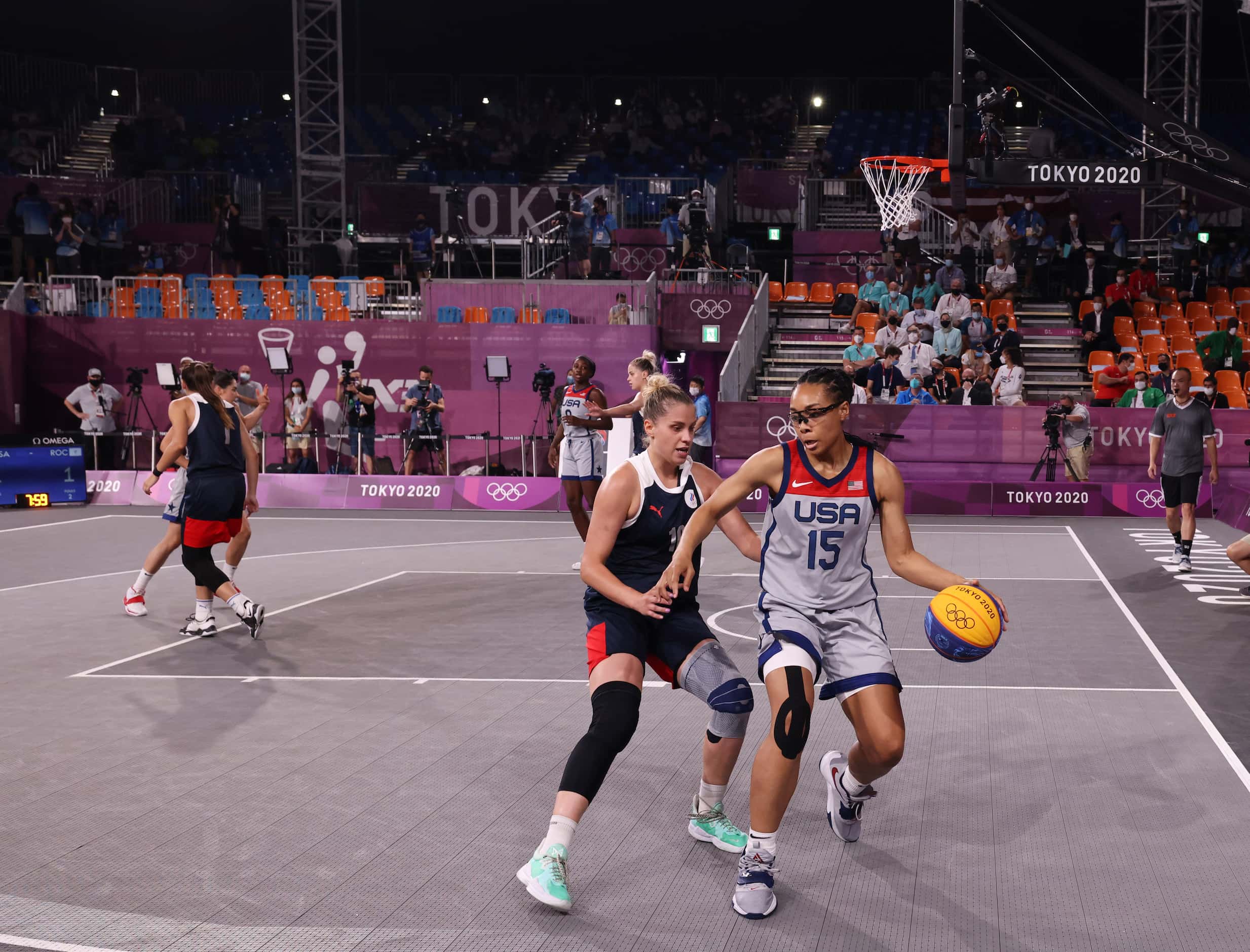 USA’s Allisha Gray (15) dribbles the ball as she is defended by ROC’s Evgeniia Frolkina (16)...