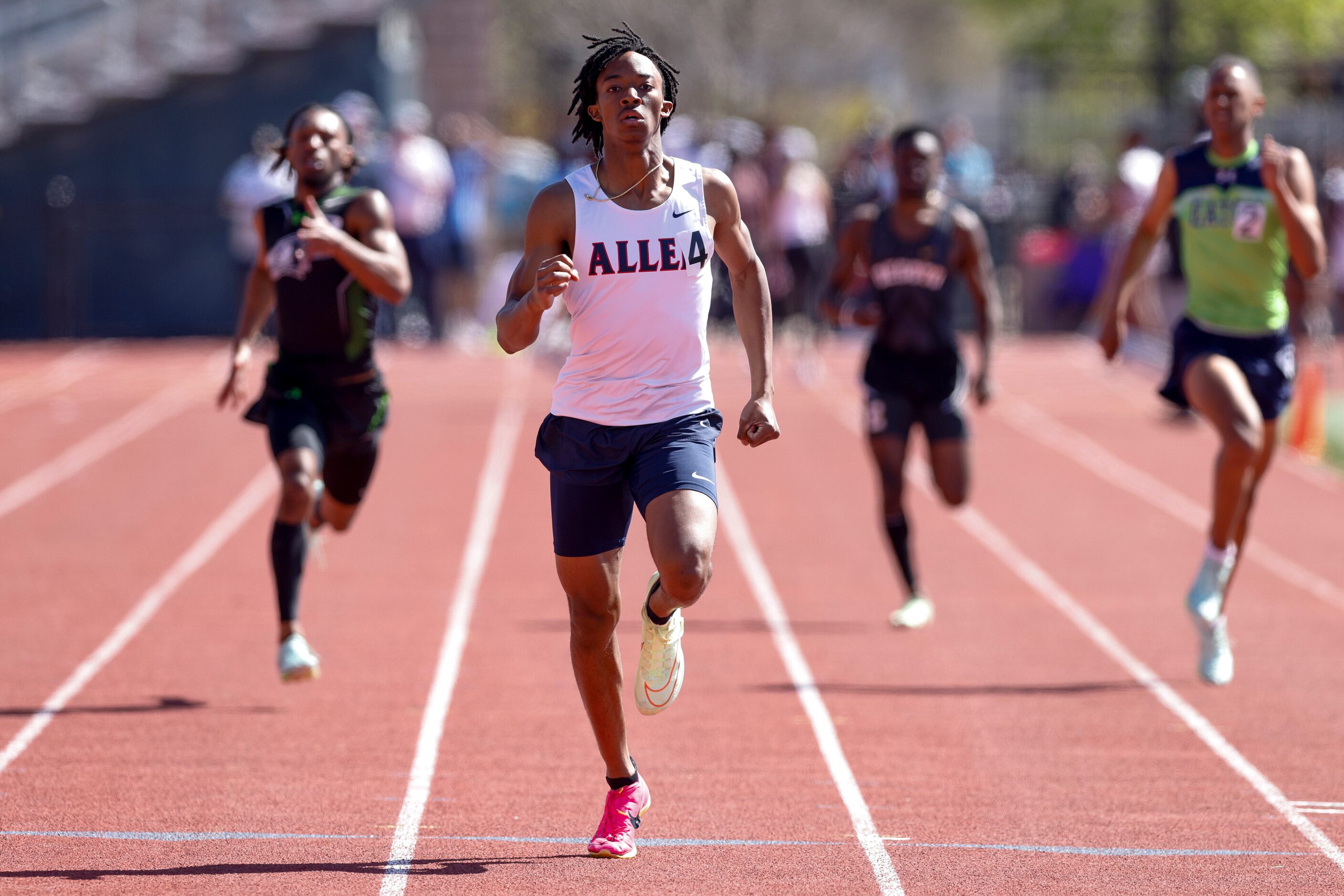 Allen’s Jonathan Simms wins the 6A 400 meter dash during the Jesuit-Sheaner Relays at Jesuit...