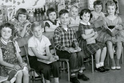 Ron Siebler, center, in rolled-up blue jeans, on his first day of school. He was in Mrs....