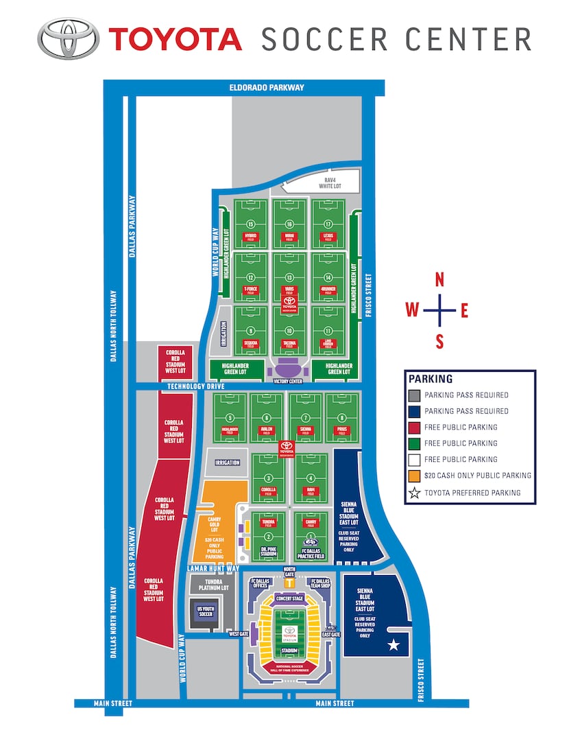 the 2018 parking map for FC Dallas games at Toyota Stadium.