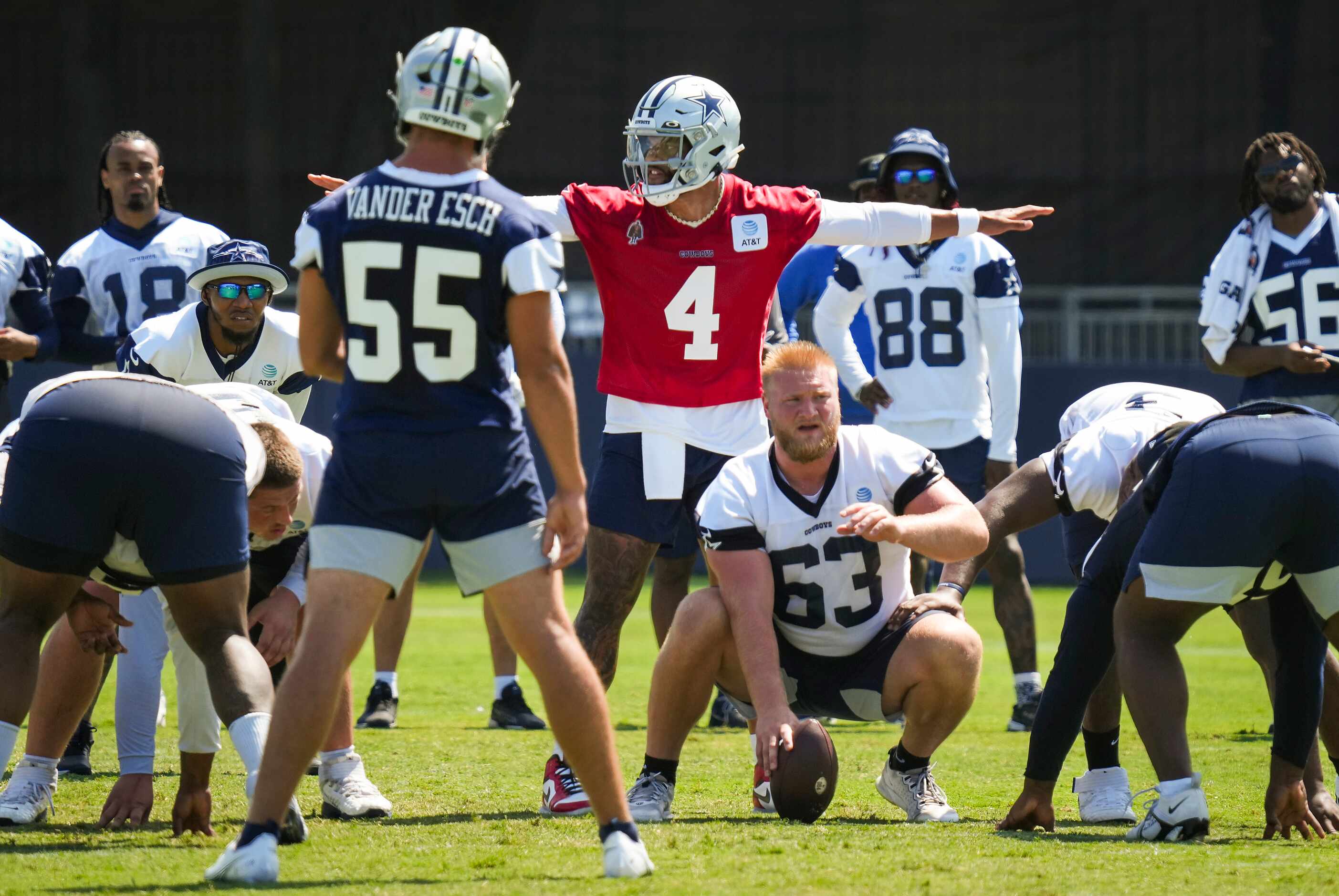 Dallas Cowboys quarterback Dak Prescott (4) brings the offense to the line of scrimmage...
