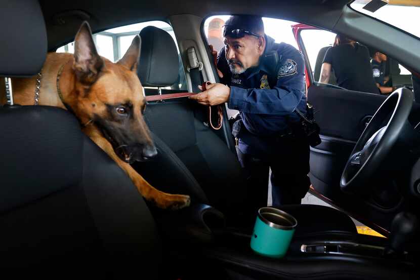 El oficial Jaime Chávez y su perro K-9, Kent, revisan un vehículo en el Puente de las...