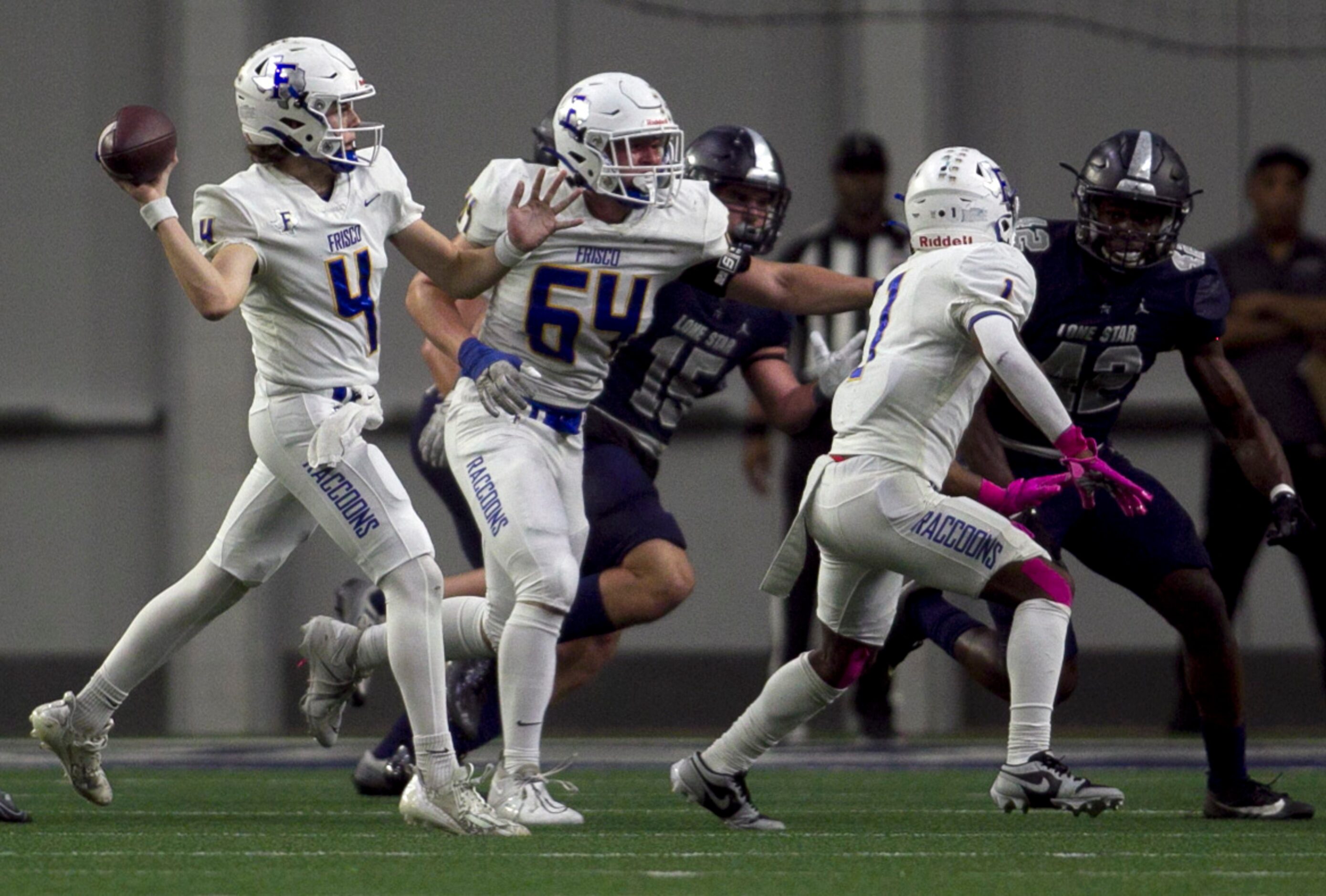 Frisco quarterback Camren Gibson (4) passes into the flat during first half action against...