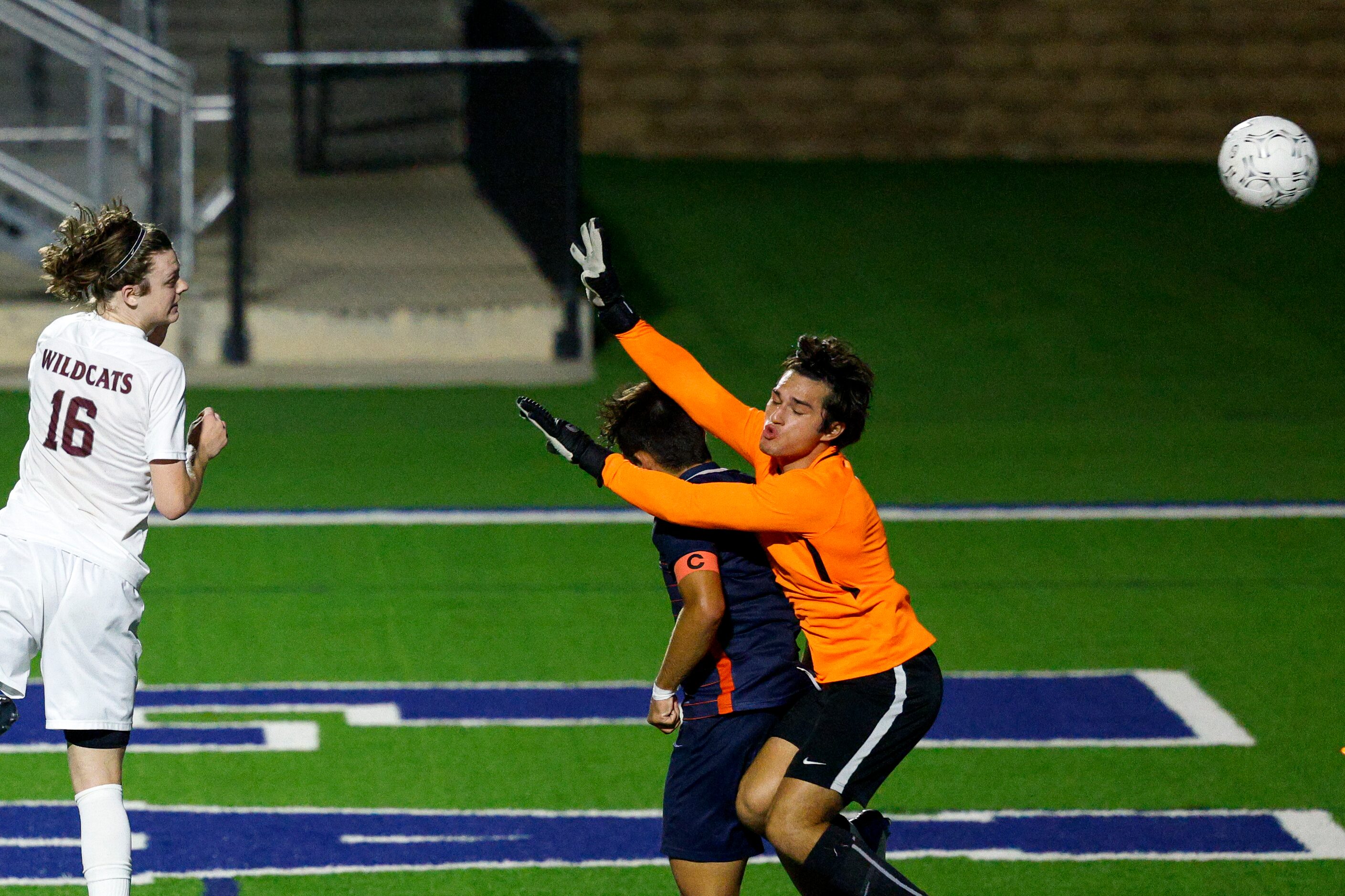 Katy Seven Lakes midfielder Leo Forman (16) heads the ball for a score over Katy Seven Lakes...