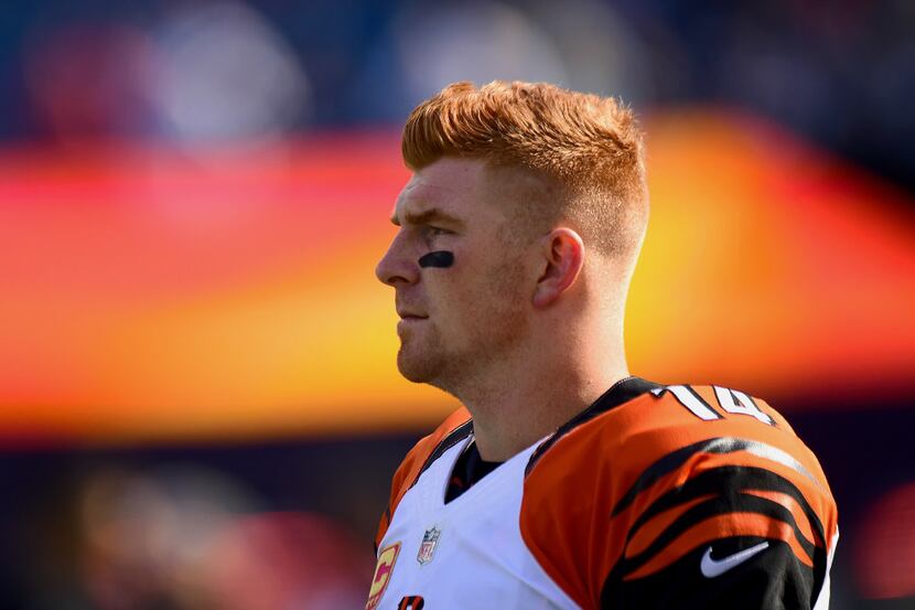 FOXBORO, MA - OCTOBER 16:  Andy Dalton #14 of the Cincinnati Bengals look on before the game...