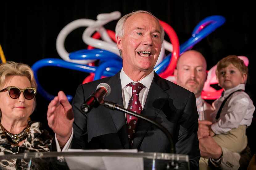 Arkansas Gov. Asa Hutchinson speaks at his election night victory rally in Little Rock last...