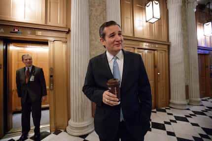 Sen. Ted Cruz, R-Texas, departs the Senate chamber on Capitol Hill in Washington on Feb. 3,...