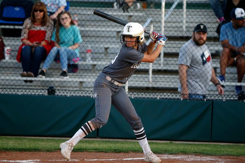 The Colony's Jayda Coleman bats against Birdville during Game 2 of the Class 5A 
bi-District...