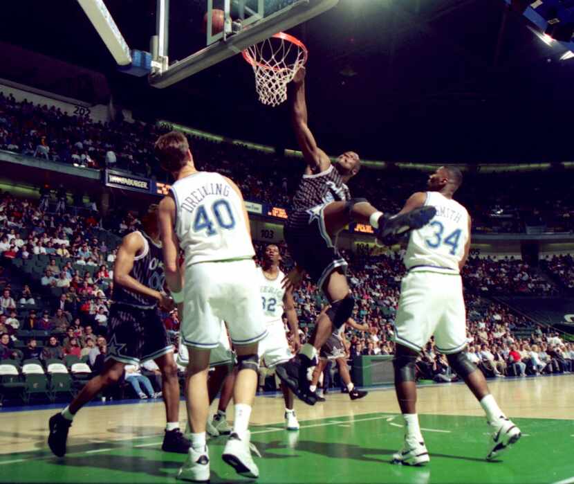 Shaquille O'Neal of the Orlando  Magic, attempts a slam dunk in the first period aganist the...