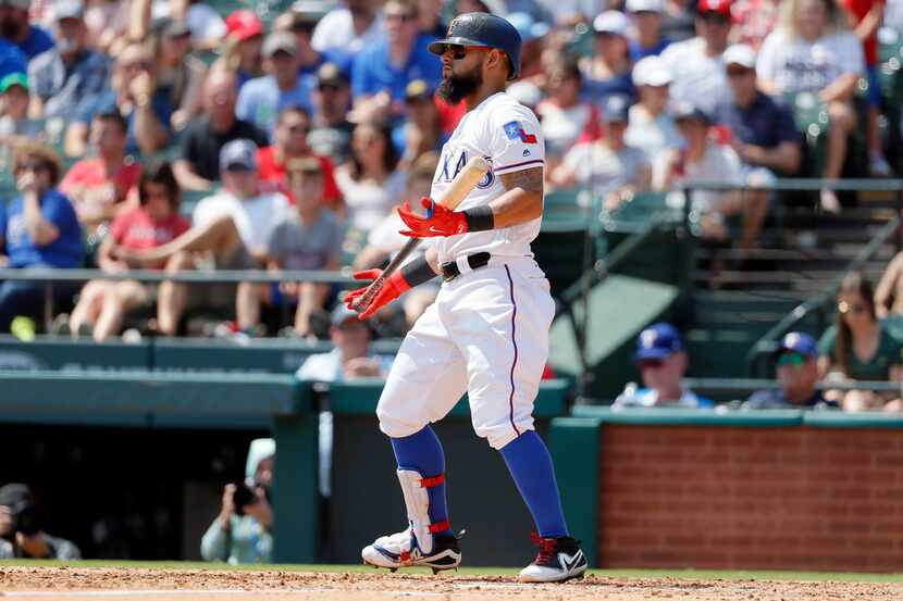 Rangers second baseman Rougned Odor strikes out facing New York Yankees pitcher Luis...