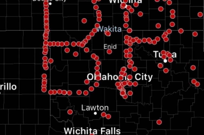 This image provided by Spotter Network shows GPS coordinates of storm chasers on a map in...