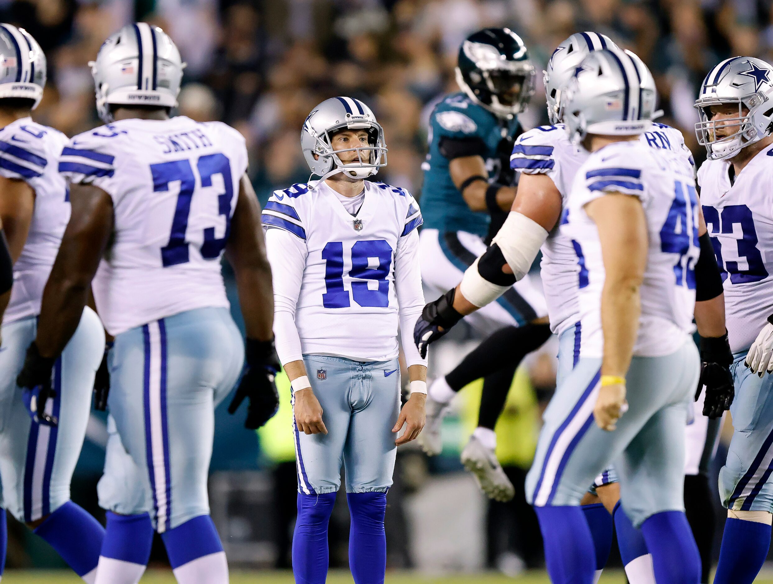 Dallas Cowboys place kicker Brett Maher (19) reacts after missing a fourth quarter field...