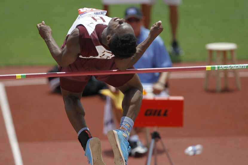 Frisco Heritage's Kene Nwangwu competes in the class 5A boys high jump during the UIL Track...