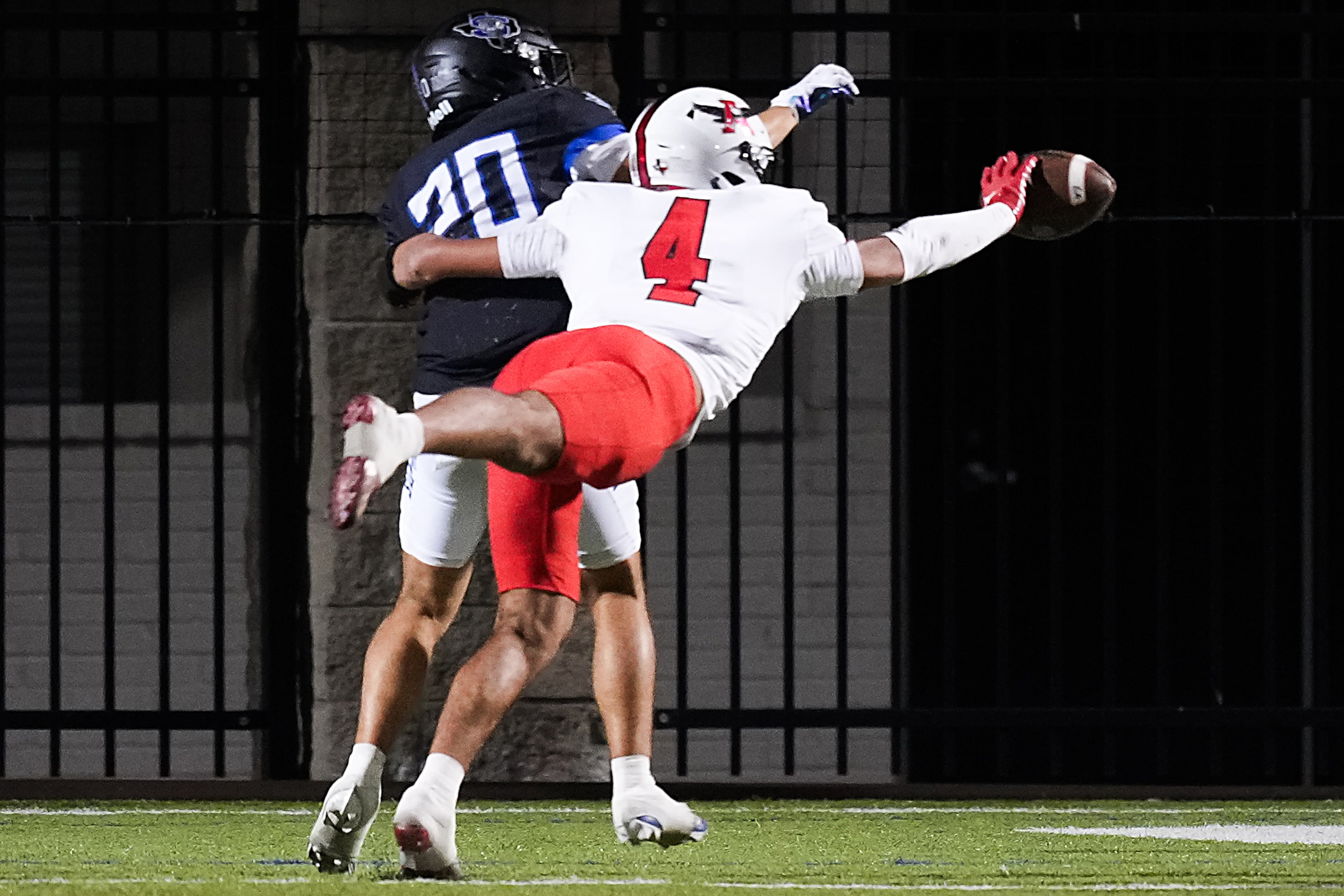 Argyle defensive back Xavier Sanchez (4) breaks up a pass intended for Mansfield Summit wide...