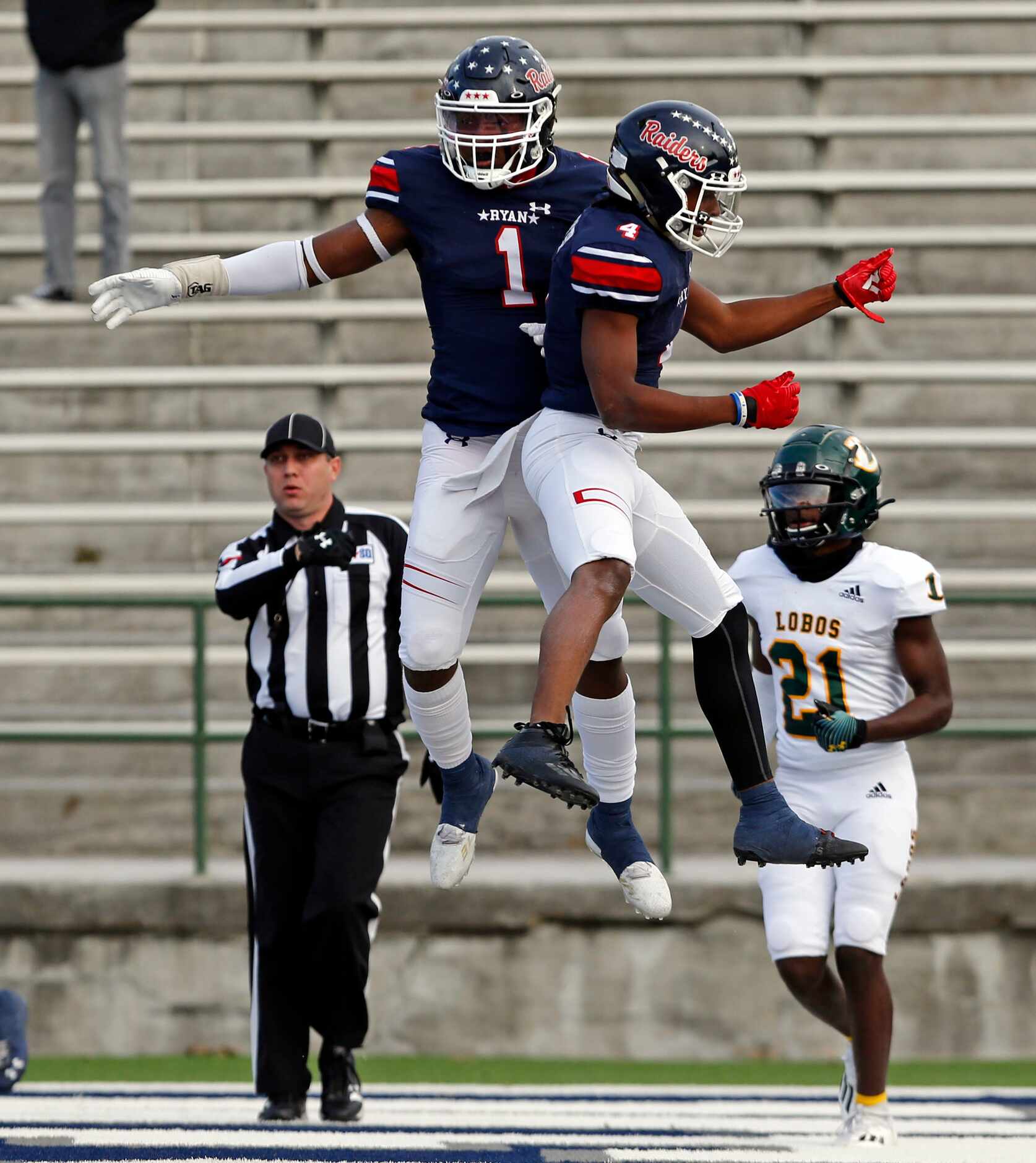 Denton Ryan WR MarQuice Hill II (1) and teammate Jordyn Bailey (4) celebrate after Hill’s...