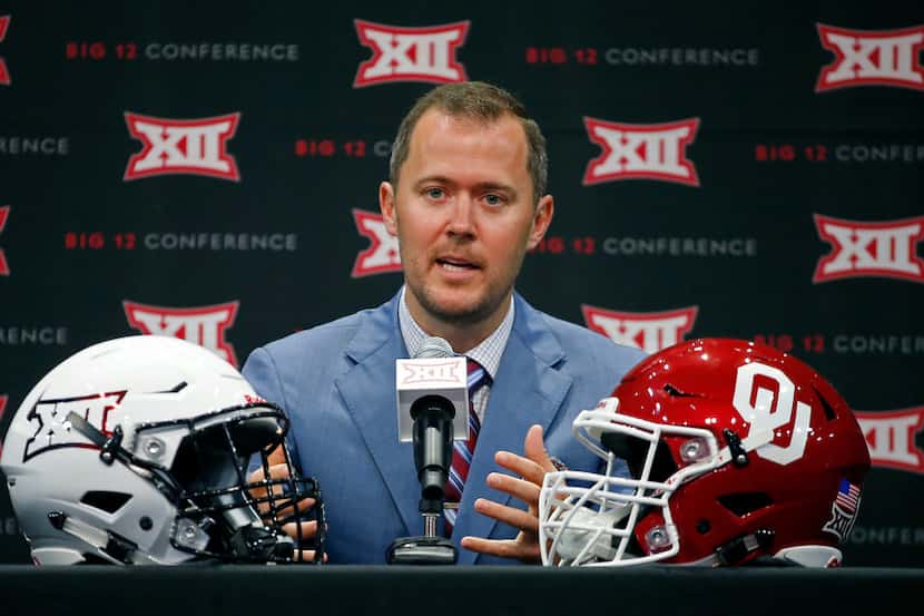 FILE - Oklahoma head coach Lincoln Riley speaks during a Big 12 Media Day press conference...