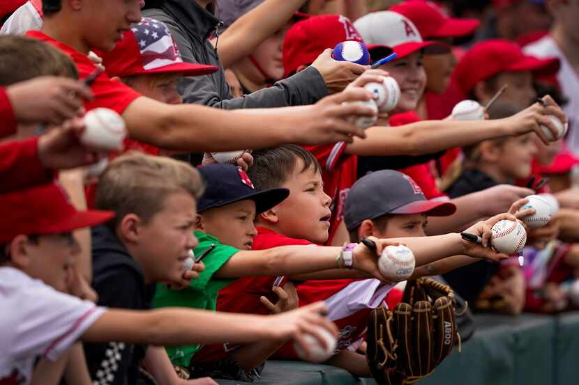 Young fans plead for players to sign their baseballs before a spring training game between...