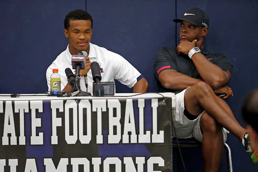 Allen High School quarterback Kyler Murray (left) answers questions next to his father Kevin...