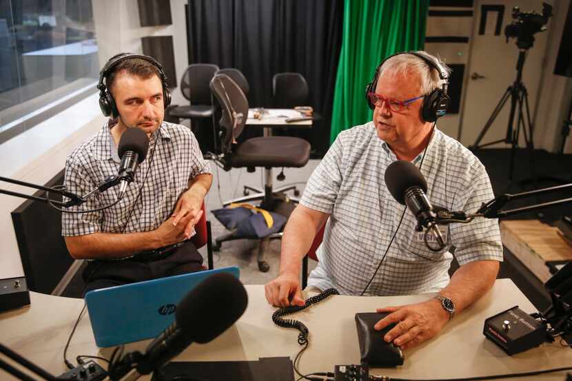 Tim Diovanni, left, and Scott Cantrell record a podcast together in 2019 at 'The News' studio. 