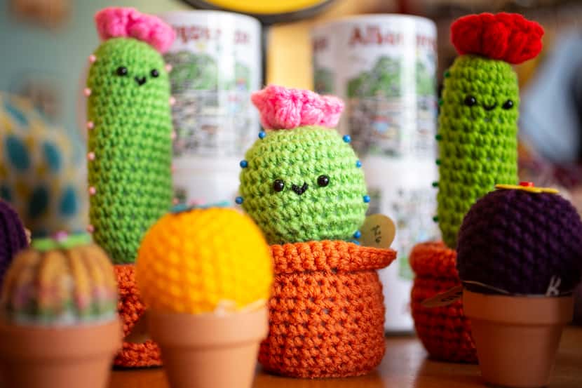 Knitted cacti are among the artworks for sale at The Octopus and the Fox in Albuquerque.