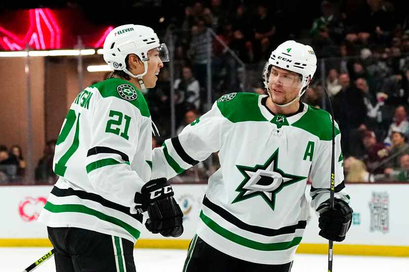 Dallas Stars left wing Jason Robertson (21) celebrates his goal against the Arizona Coyotes...