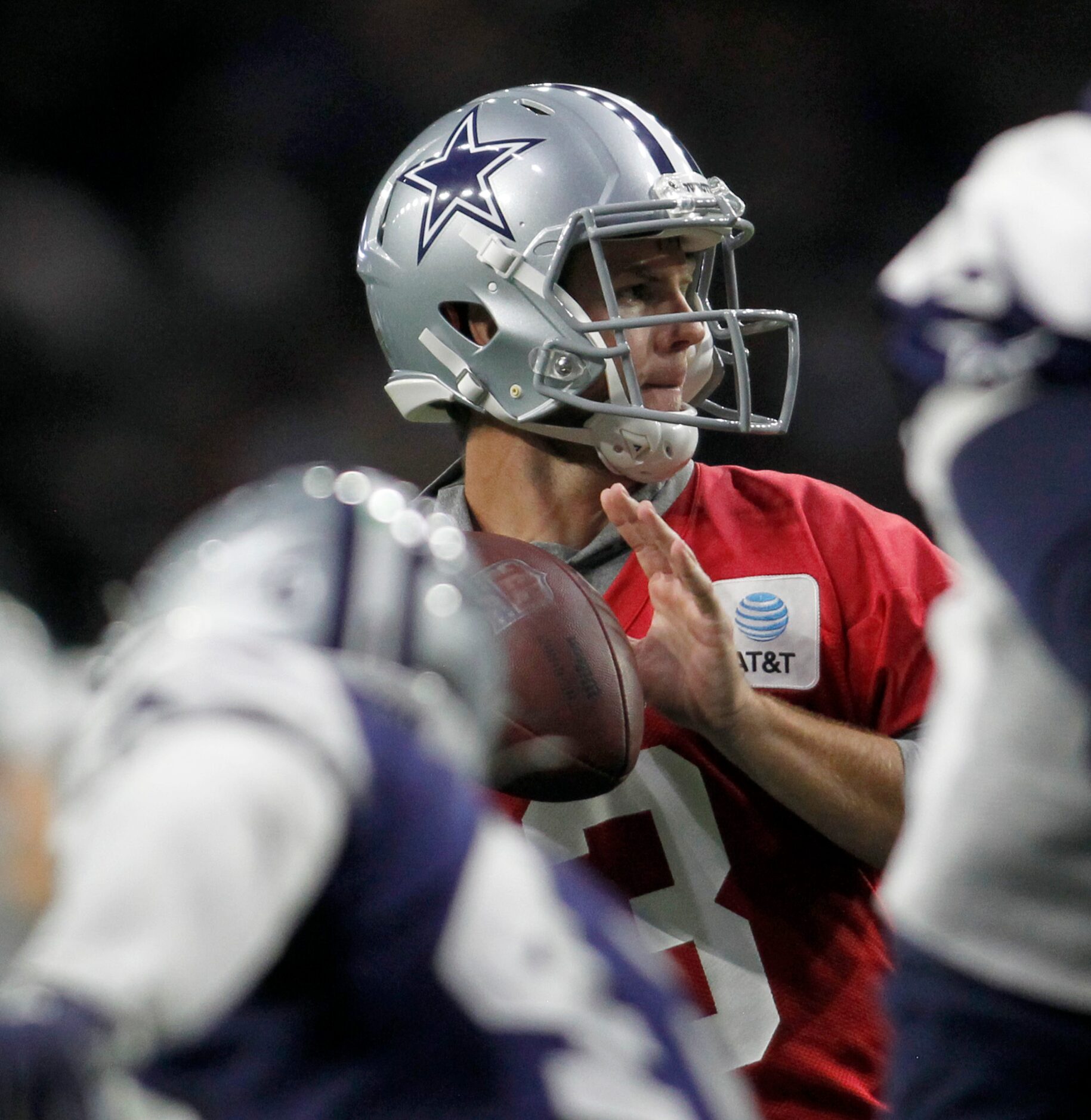 Dallas Cowboys backup quarterback Garrett Gilbert (3) prepares to pass during a team...