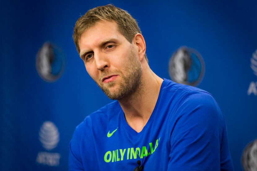 Dirk Nowitzki addresses the media before the Dallas Mavericks season finale against the...