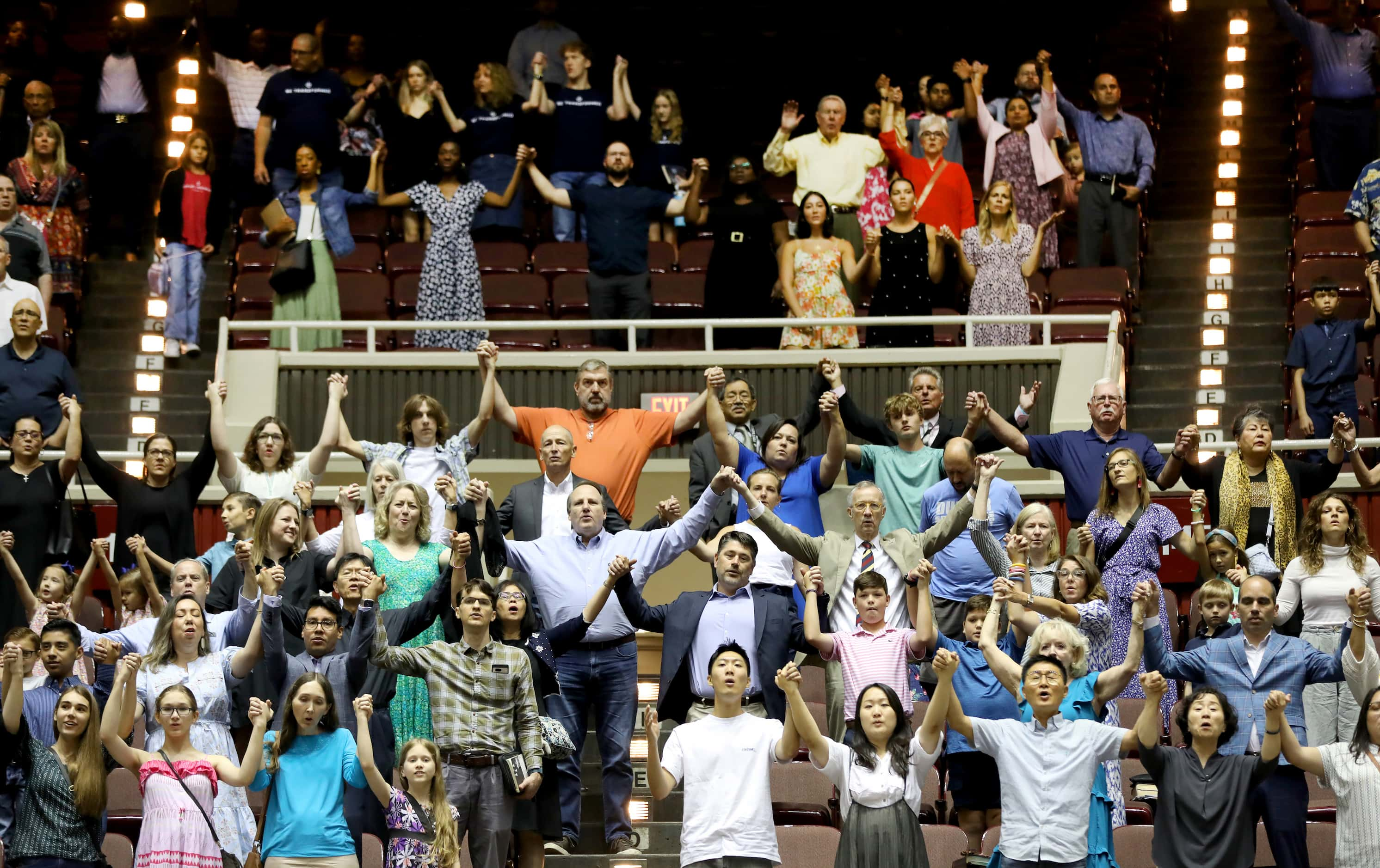 First Baptist Church members participate in Sunday service held at the Dallas Convention...