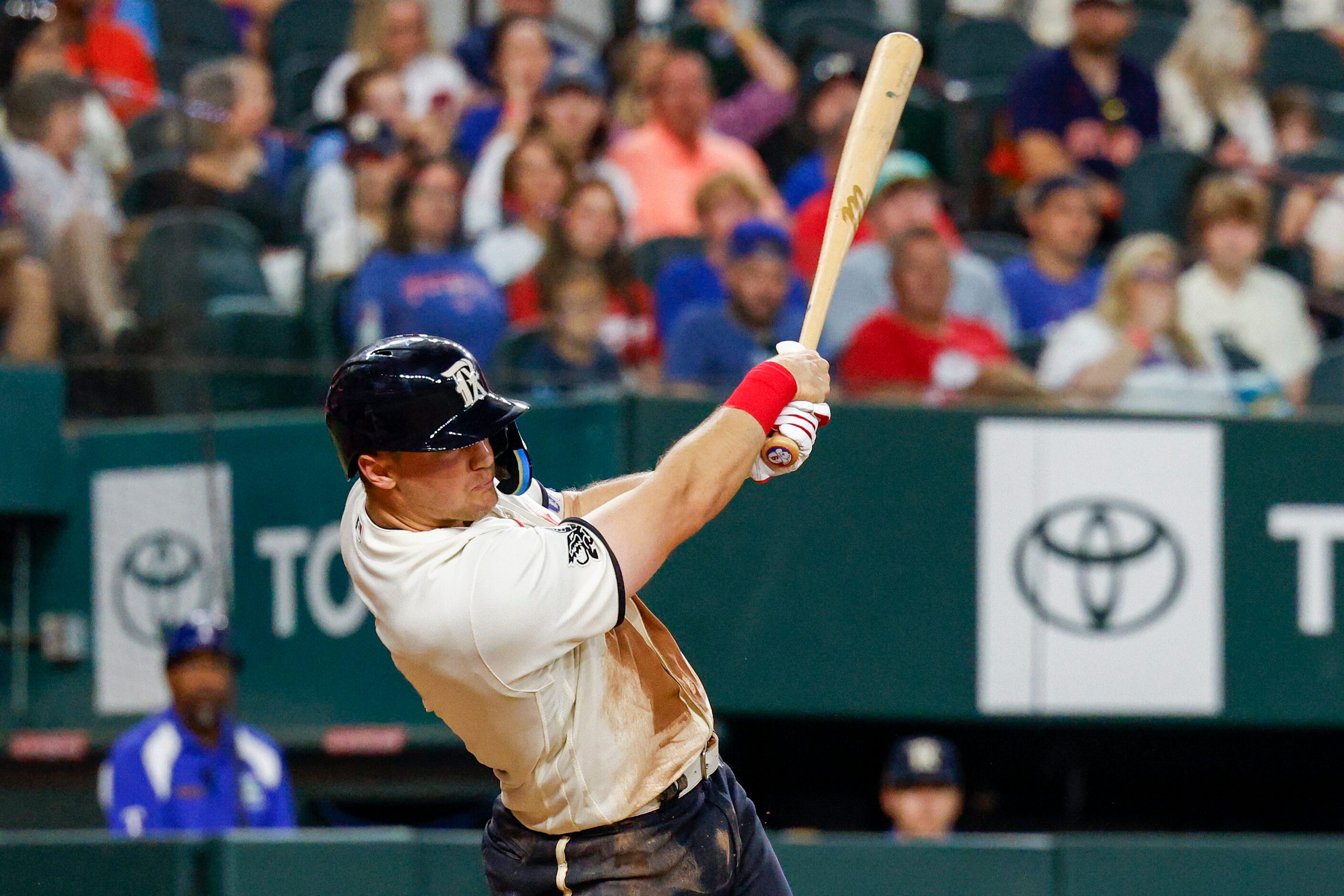 Texas Rangers third baseman Josh Jung (6) hits a home run to right center field during the...