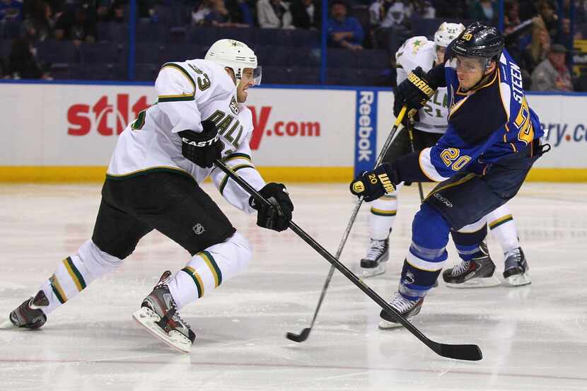 ST. LOUIS, MO - APRIL 19: Alexander Steen #20 of the St. Louis Blues takes a shot on goal...